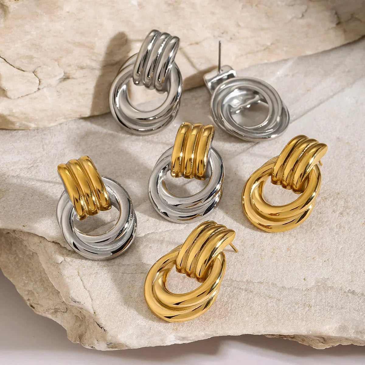 Trendy Stainless Steel Multilayer Circle Twist Knot Earrings for Women Texture Mixed Color Gold Plated Statement Earring Bijoux