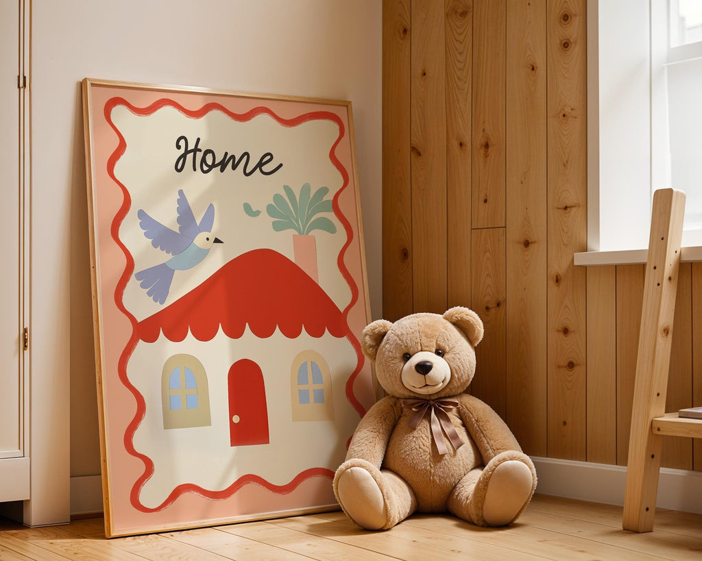 Poster Kinderzimmer Haus · Home mit Vogel & Pflanze · Liebevolles Wandbild · Sanfte Farben · Deko Print ohne Rahmen